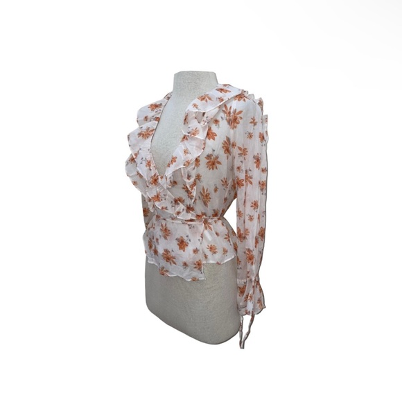 Free People Tops - Free People NWT Floral Romantic Cottage Core Orange/White Ruffle Wrap Top XS/S